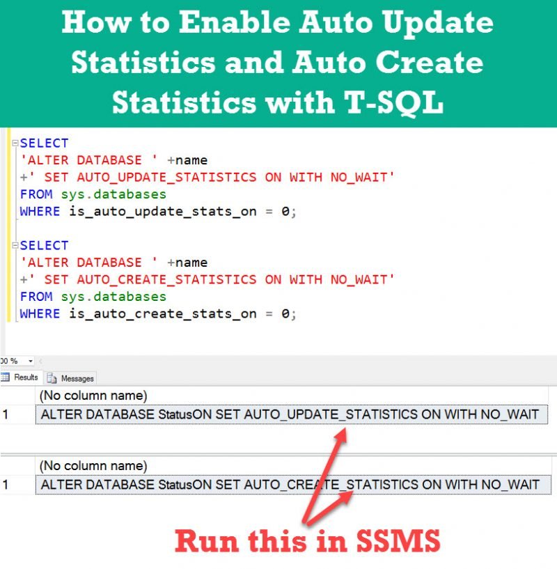 How to Enable Auto Update Statistics and Auto Create Statistics with T-SQL - Interview Question of the Week #108 enablestats-800x817 